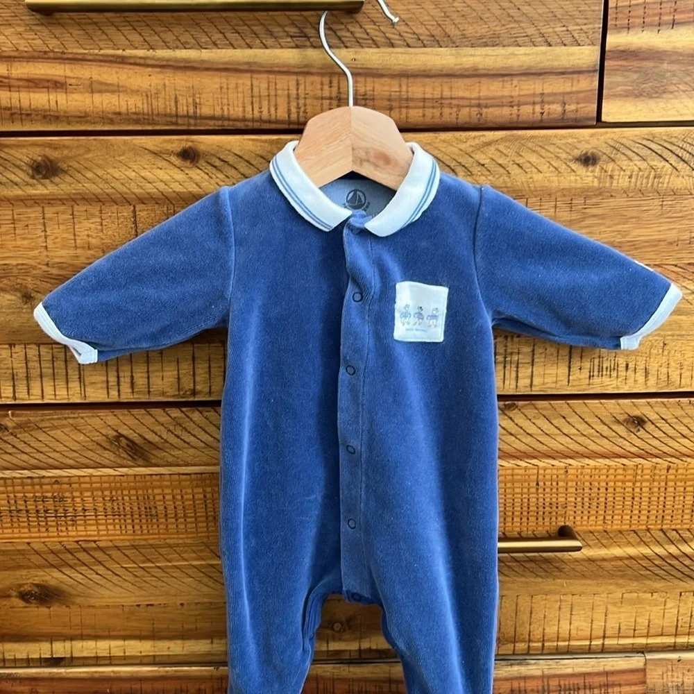 Petit Bateau Blue  Velour Footie 1 month